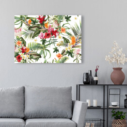 Obraz na płótnie Tropikalne kwiaty wśród liści palmowych na białym tle