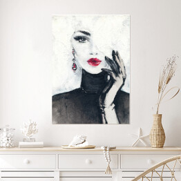 Plakat samoprzylepny Piękna kobieta w odcieniach czerni i bieli z czerwonymi ustami