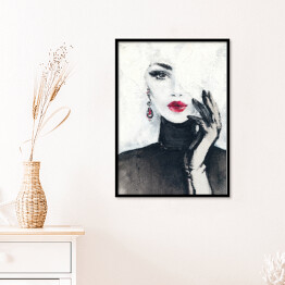 Plakat w ramie Piękna kobieta w odcieniach czerni i bieli z czerwonymi ustami