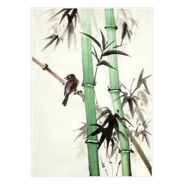 Plakat samoprzylepny Pędy bambusa w odcieniach szarości i zieleni - akwarela