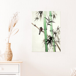 Plakat samoprzylepny Pędy bambusa w odcieniach szarości i zieleni - akwarela