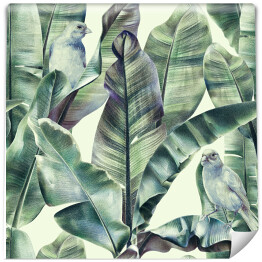 Tapeta winylowa zmywalna w rolce Tropikalne akwarelowe liście bananowca. Ptaki w dżungli