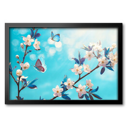 Obraz w ramie Motyle i kwitnące drzewa na tle wiosennego nieba