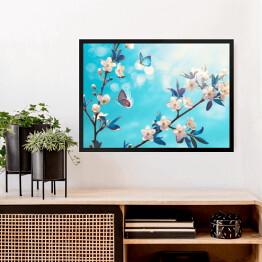 Obraz w ramie Motyle i kwitnące drzewa na tle wiosennego nieba