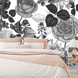Fototapeta samoprzylepna Biało czarne róże i dzikie kwiaty