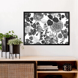 Obraz w ramie Biało czarne róże i dzikie kwiaty