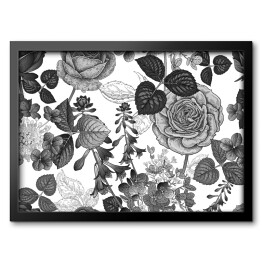 Obraz w ramie Biało czarne róże i dzikie kwiaty