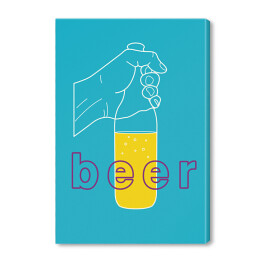 Obraz na płótnie Dłoń trzymająca piwo na niebieskim tle - ilustracja z napisem "Beer"