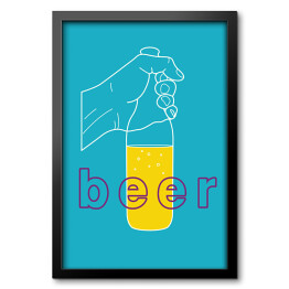 Obraz w ramie Dłoń trzymająca piwo na niebieskim tle - ilustracja z napisem "Beer"