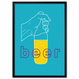 Dłoń trzymająca piwo na niebieskim tle - ilustracja z napisem "Beer"