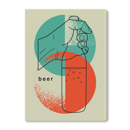 Obraz na płótnie Dłoń trzymająca piwo na niebiesko czerwono szarym tle - ilustracja z napisem "Beer"