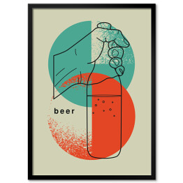 Dłoń trzymająca piwo na niebiesko czerwono szarym tle - ilustracja z napisem "Beer"