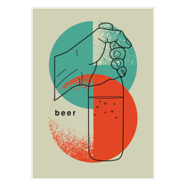 Dłoń trzymająca piwo na niebiesko czerwono szarym tle - ilustracja z napisem "Beer"