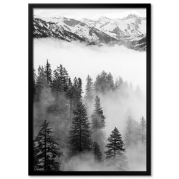 Plakat w ramie Szczyt góry oraz las we mgle