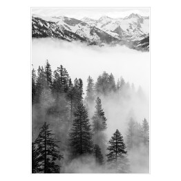 Plakat samoprzylepny Szczyt góry oraz las we mgle