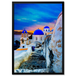 Plakat w ramie Kościół i biało niebieskie domy na wyspie Santorini, Grecja