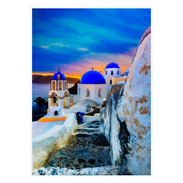 Plakat Kościół i biało niebieskie domy na wyspie Santorini, Grecja