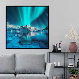 Plakat w ramie Zorza Polarna nad górami w śniegu