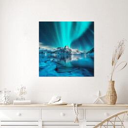 Plakat samoprzylepny Zorza Polarna nad górami w śniegu