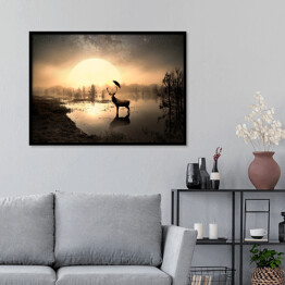 Plakat w ramie Jeleń na tafli jeziora na tle słońca