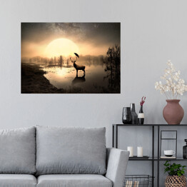 Plakat samoprzylepny Jeleń na tafli jeziora na tle słońca