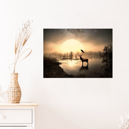 Plakat samoprzylepny Jeleń na tafli jeziora na tle słońca