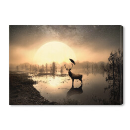 Jeleń na tafli jeziora na tle słońca