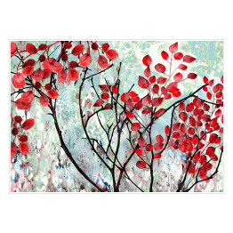 Drzewo z czerwonymi liśćmi - malarstwo olejne - ilustracja