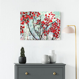 Drzewo z czerwonymi liśćmi - malarstwo olejne - ilustracja