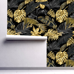 Tapeta samoprzylepna w rolce Złoto czarna dżungla. Monstera, liście palmowe i liście bananowca w nowoczesnym wydaniu
