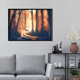 Plakat w ramie Jeleń stojący na ścieżce w lesie 
