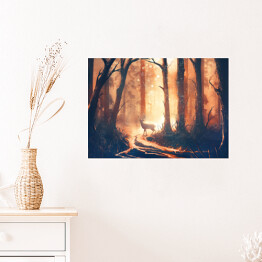 Plakat Jeleń stojący na ścieżce w lesie 