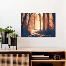 Plakat Jeleń stojący na ścieżce w lesie 
