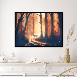 Plakat w ramie Jeleń stojący na ścieżce w lesie 