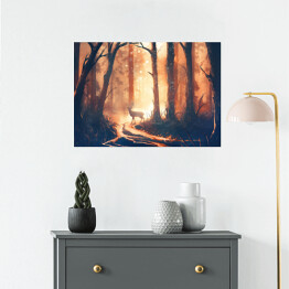 Plakat samoprzylepny Jeleń stojący na ścieżce w lesie 