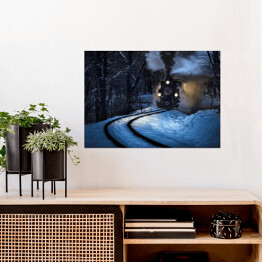 Plakat samoprzylepny Parowóz jadący przez las zimą