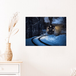 Plakat Parowóz jadący przez las zimą
