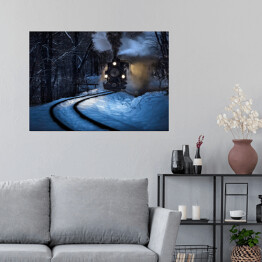 Plakat samoprzylepny Parowóz jadący przez las zimą
