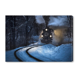Obraz na płótnie Parowóz jadący przez las zimą