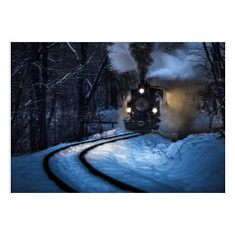 Plakat Parowóz jadący przez las zimą