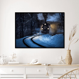 Plakat w ramie Parowóz jadący przez las zimą