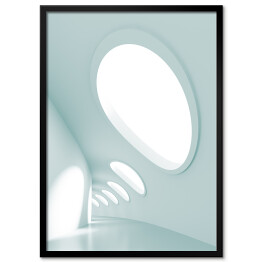 Plakat w ramie Długi korytarz z okrągłymi oknami 3D