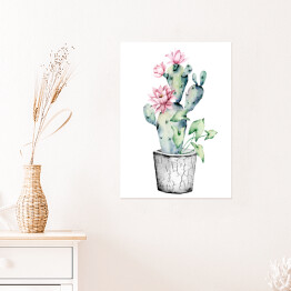 Plakat Kwitnący kaktus w doniczce na białym tle