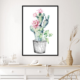 Plakat w ramie Kwitnący kaktus w doniczce na białym tle