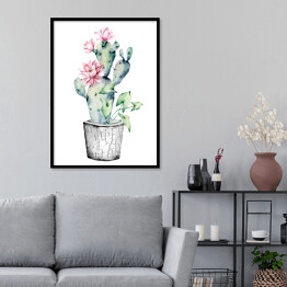 Plakat w ramie Kwitnący kaktus w doniczce na białym tle