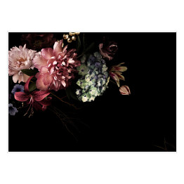 Plakat samoprzylepny Kompozycja z kwiatów w stylu vintage na czarnym tle
