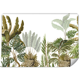 Fototapeta winylowa zmywalna Motyw egzotycznej roślinności z liśćmi palmy, bananowca oraz monstery w stylu vintage na jasnym tle 