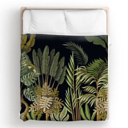 Poszewka na kołdrę Motyw egzotycznej roślinności z liśćmi palmy, bananowca oraz monstery w stylu vintage na ciemnym tle 