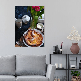 Plakat Romantyczna kobieca kompozycja z kwiatami, kawą i ciastkiem