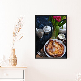 Obraz w ramie Romantyczna kobieca kompozycja z kwiatami, kawą i ciastkiem